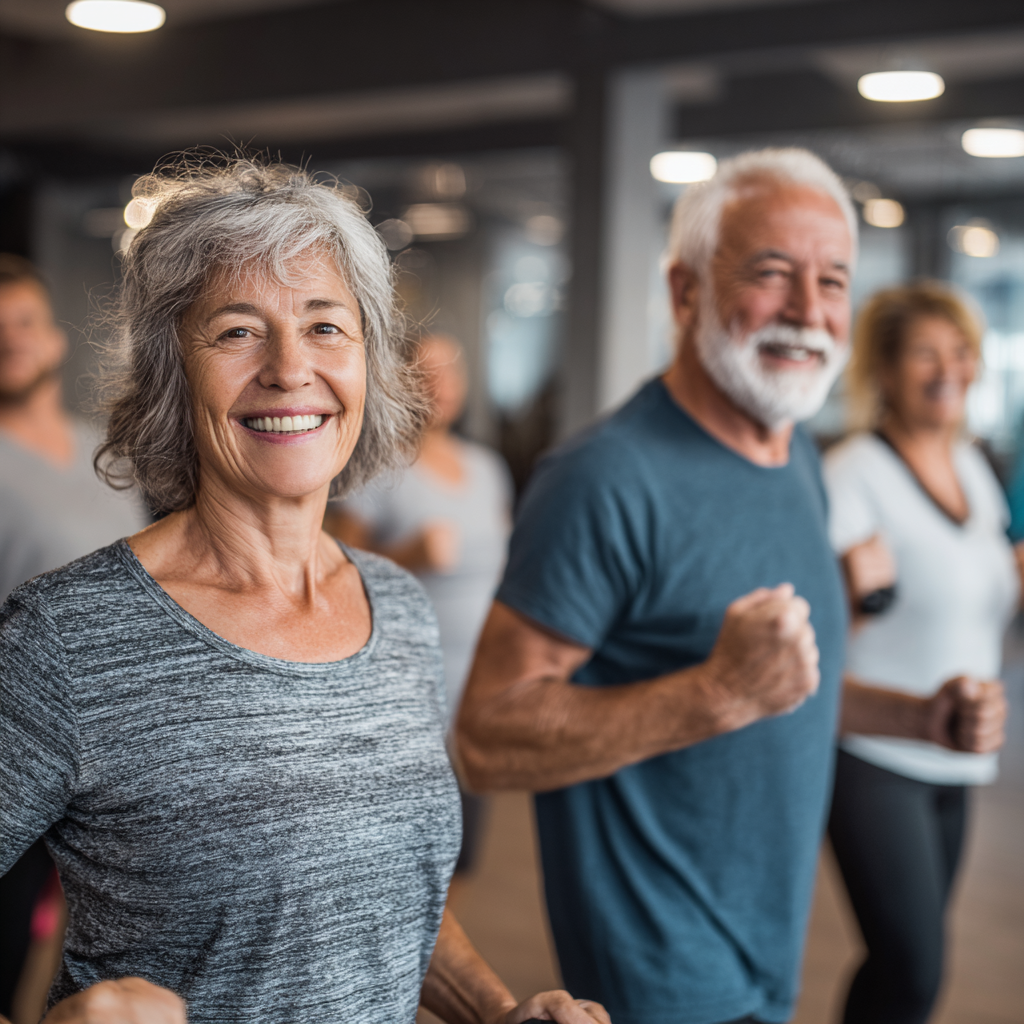 Група от хора на възраст 50-60 години правят групово функционално упражнение с усмивки на лицата си