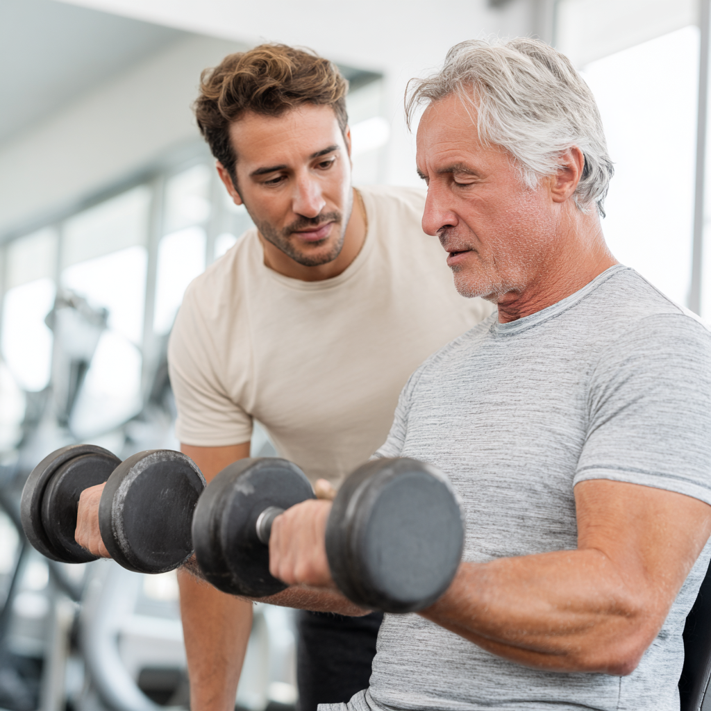 Персонален треньор работи с мъж на 58 години върху правилната техника при упражнения с дъмбели
