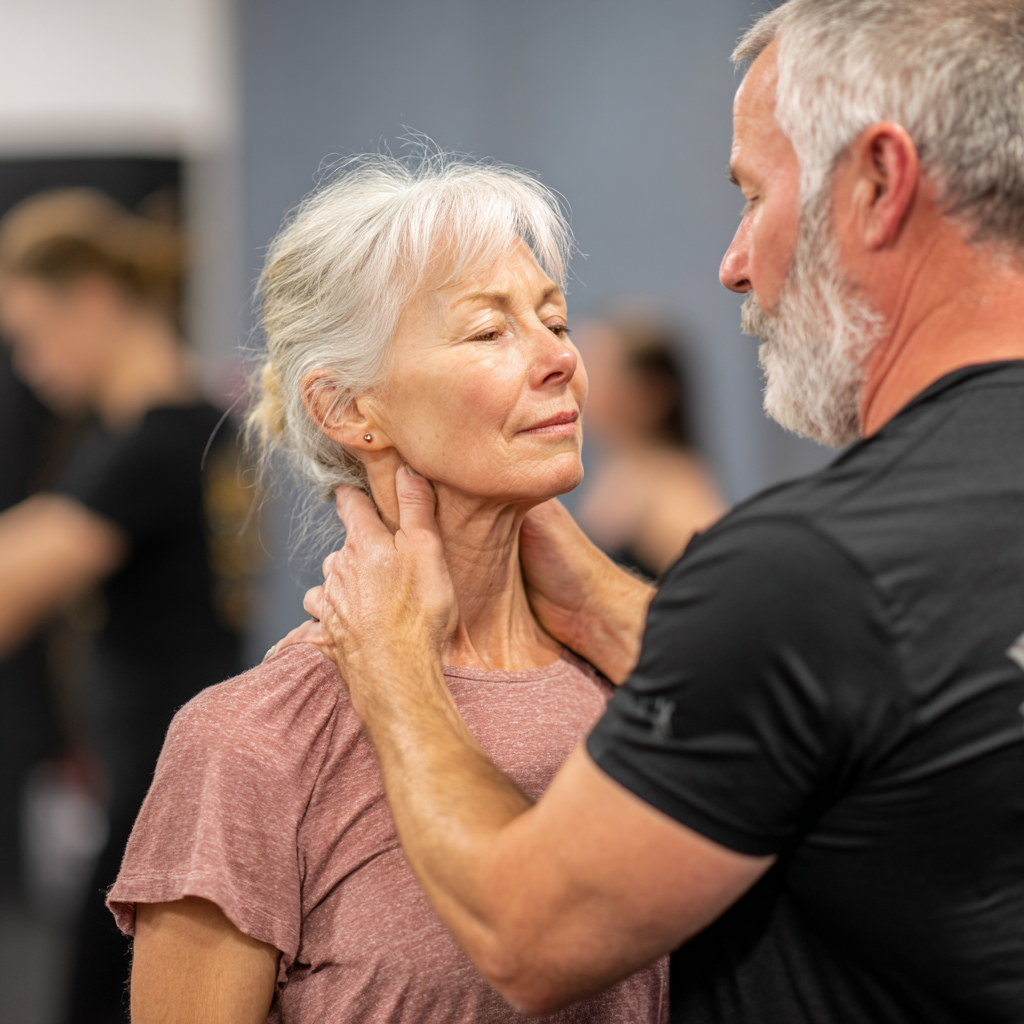 Треньор показва правилна техника на жена на 52 години по време на безплатно пробно занятие