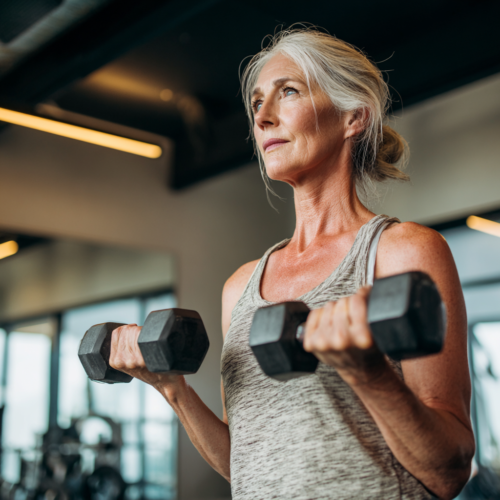 Активна жена на 55 години прави силова тренировка с дъмбели в модерна фитнес зала